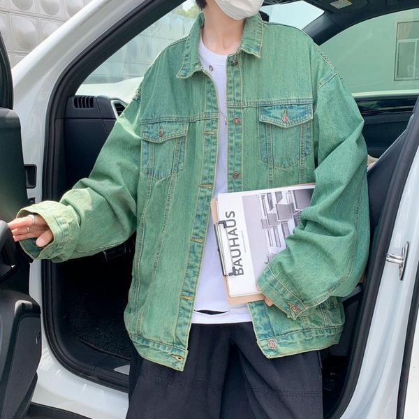 Мужские куртки отворота зеленая джинсовая куртка мешковатая повседневная тренд -стрит хип -хоп негабаритный выходной улица Джин