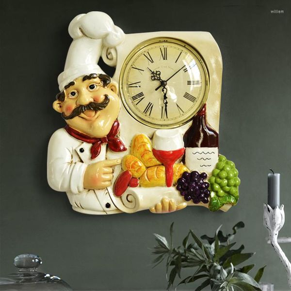 Relógios de parede resina de arte fofo chef mudo relógio retrô assistir banheiro cozinha de cozinha acessórios de decoração de casa moderna