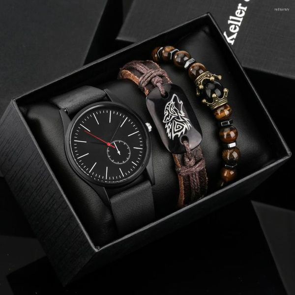 Avanados de pulso 3pcs Minimalist Watch Men Fashion Casual Couro preto Lobo de lobo Bracelet Gift para namorado Reloj Hombre