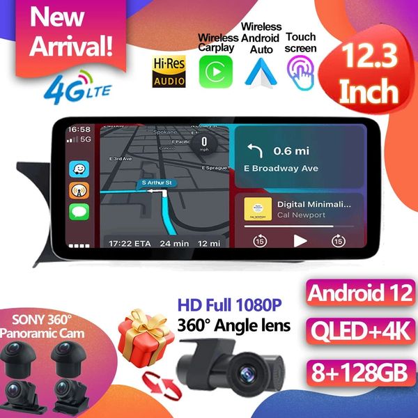 Para Benz C W204 2011-2014 12,3 polegadas Android 12 Acessórios de carro de tela de toque Auto CarPlay Video Radio Monitora Multimídia Player Player