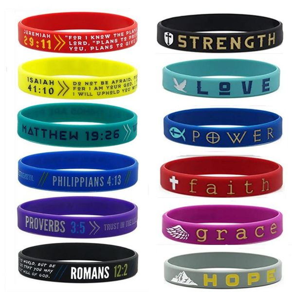 Pulseiras 300 peças poder da fé versículo da bíblia esperança graça força poder fé amor pulseira de borracha pulseira de silicone frete grátis