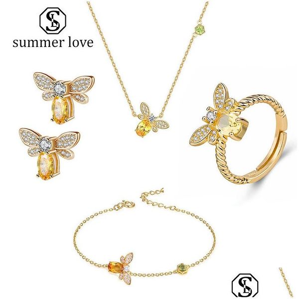 Colares pendentes de alta qualidade embutido de cobre zircão colar de abelhão Brincho de pulseira de anel para mulheres Cadeia de ouro da moda CRISTAL CZ JE DHV5O