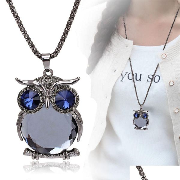 Colares pendentes Charm de charme vintage Owl Colar Women Women Women Rhinestone Crystal Sweater Chaker Cheker Jóias Explosivas para Roupas Drop Dhszb