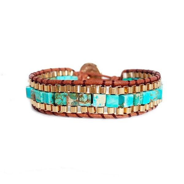 Perline Est Donna 4Mm Braccialetti avvolgenti quadrati Pietre turchesi Bracciale intrecciato catena d'oro Gioielli dichiarazione boema Articoli all'ingrosso Drop Dht5Q