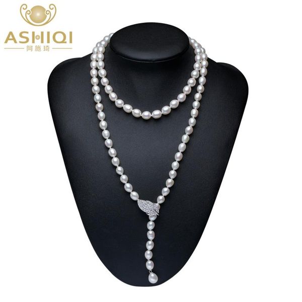 Collane ASHIQI 90CM Collana di perle d'acqua dolce naturali coltivate in argento 925 Catena lunga per maglioni Collocazione di moda Gioielli regalo per donna