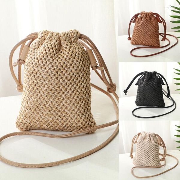 Bolsas de armazenamento 2023 estes femininas de palha de palha de verão praia rattan ombro wicker weave bolsa bola crossbody mini mensageiro telefone