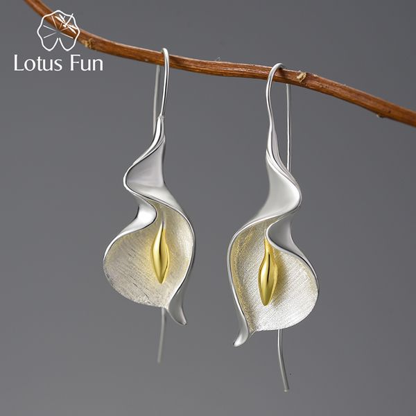Ciondola il lampadario Lotus Fun 18K Gold Long Hanging Calla Lily Flower Orecchini pendenti per le donne Real 925 Sterling Silver Luxury Fine Jewelry 230519
