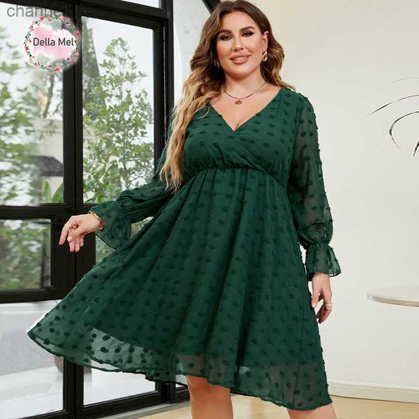 Повседневные платья Della Mel Plus Size Женская одежда v Neck Press Casual Party Sexy Swiss Dot кружевные рукава -рукава женские платья большие размеры 3xl 4xl L230520