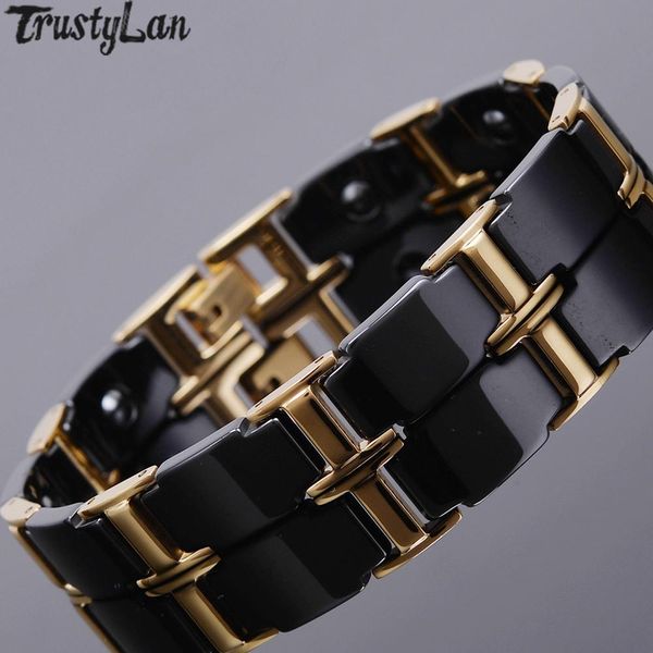 Pulseiras de luxo banhado a ouro aço inoxidável pulseiras para homens cerâmica cuidados de saúde energia magnética homem pulseira masculino feminino meninas