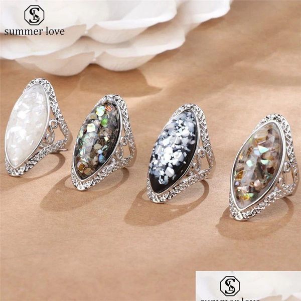 Solitaire Ring Sappicucial 4 Vintage Antika Sier Renk Büyük Oval Kabuk Parmak Tasarımı Kadın Çift İfadesi Jewlary Hediyesi Dro Dhwgo