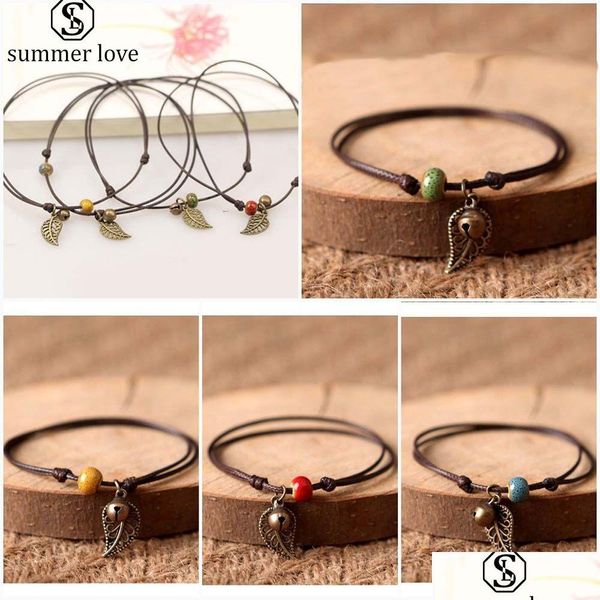 Kette handgemachte Wachs Seil Keramik Perle Retro Glocke Blatt Charm Armband Fußkettchen für Frauen einstellbare Größe ethnischen Stil Mode Ladys Jewe Dhqye