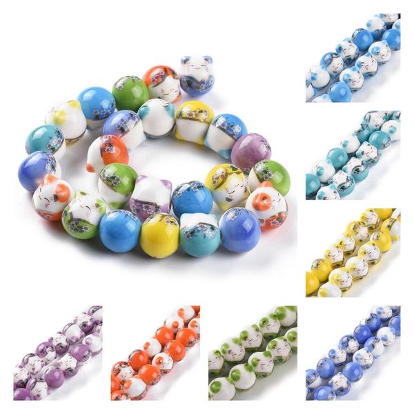 Crystal 25pcs 15 mm Gatto fortunato con perle in ceramica floreale colorate perle sciolte in porcellana per gioielli che producono un portaigra da bracciale