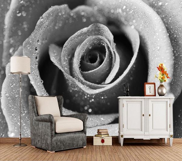 Sfondi Personalizzati Decorazioni per la casa Papel De Pared Murales in bianco e nero con rose per soggiorno Camera da letto Divano Sfondo Muro Carta da parati impermeabile
