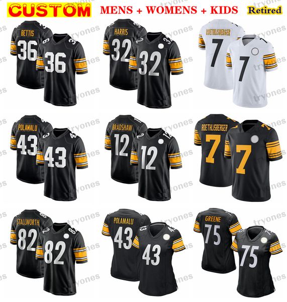 Giocatore in pensione Uomo Donna Bambini Maglie da calcio Roethlisberger Troy Polamalu Joe Greene Bradshaw Franco Harris Harrison Stallworth Hines Ward Woodson Lambert