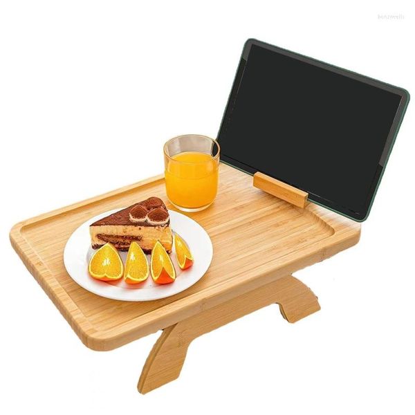 Ganchos de bambu sofá bandeja de braço de braço de braço de clipe-on dobrável lanche com 360 ° de suporte para celular giration home bedroo home bedroo