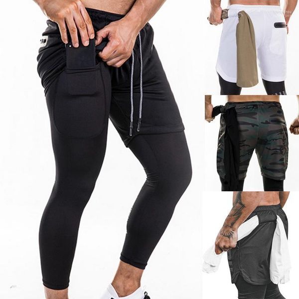 Männer Hosen Männer Jogger 2 In 1 Leggings Kompression Sicherheits Taschen Gym Sport Eingebaute Hüften Zipper Fitness1