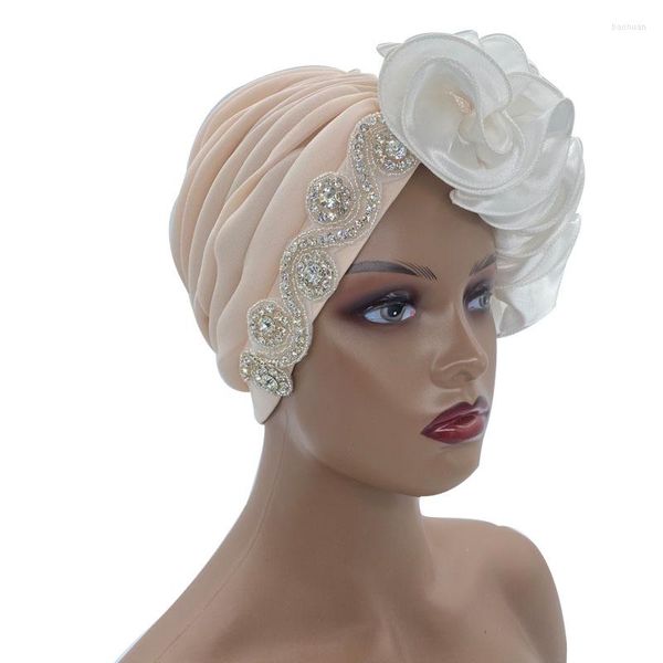 Abbigliamento etnico Berretti a testa avvolgente da donna Foulard musulmano Cofano Copricapo africano Strass Cappello turbante con volant laterali in raso 2023