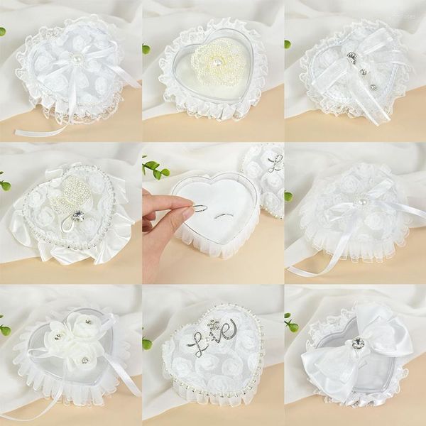 Confezioni regalo in pizzo bianco con anello a forma di cuscino, per matrimoni romantici, cesto per cerimonie, forniture per la decorazione del matrimonio