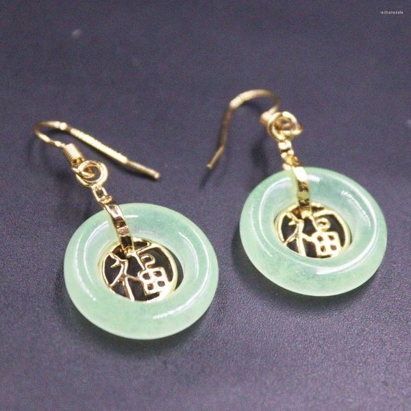 Brincos de balanço Real Jade GP 18K Gold amarelo revestido para mulheres verdes de calcedônia de calcedônia