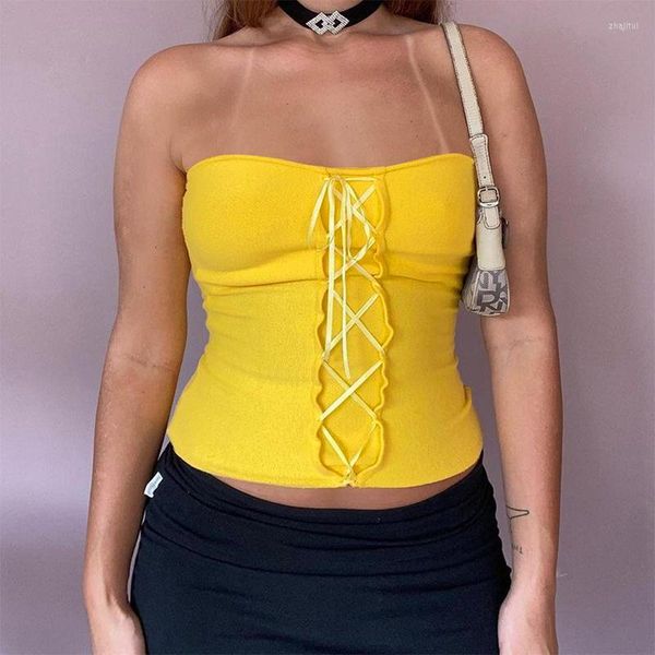 Canotte da donna Giallo Incrociato Bandage Top a tubo Donna con spalle scoperte Crop senza schienale Sexy Canotta senza spalline Y2K Fata Coquette Streetwear