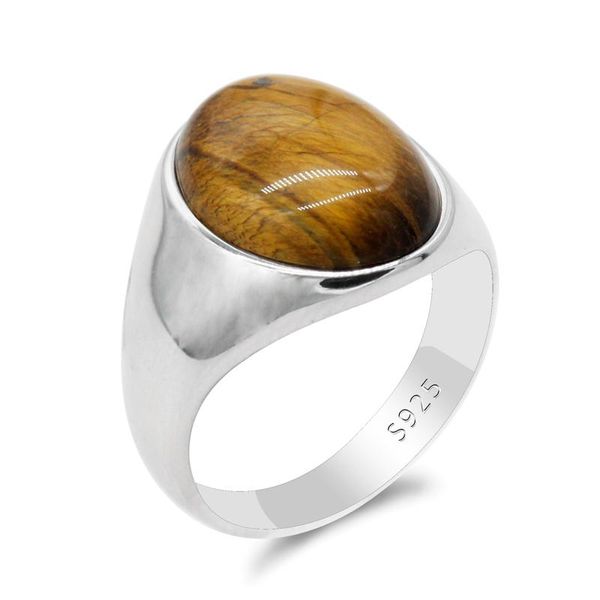 Anelli Occhio di tigre Anello da uomo in argento sterling S925 con pietra preziosa naturale Anello da uomo semplice retrò Gioielli turchi per uomini e donne