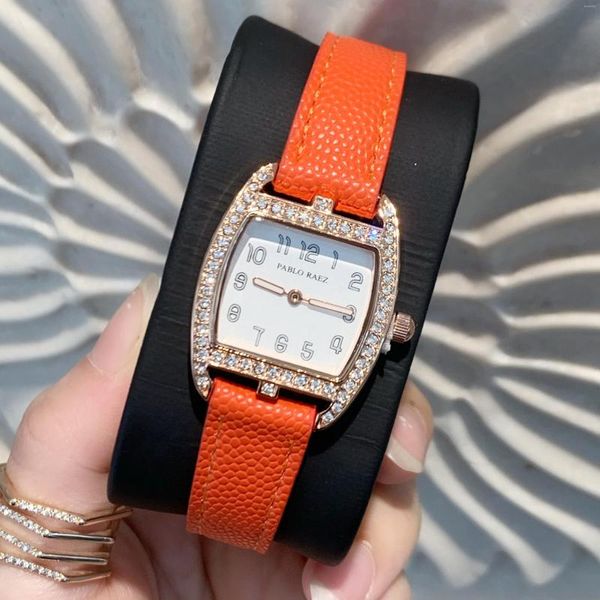 Armbanduhren PABLO RAEZ Tonneau Gesicht Damen Modeuhren Elegant Ladeis Quarz Ulzzang Orange Damen Weiches Leder