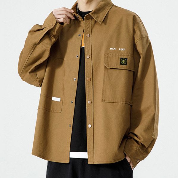 Herren-Arbeitsjacke, Kompass-Patch-Logo, Frühling und Herbst, Sommer, Baseballmantel, Mann, trendiges Retro-Revers, lässiges und hübsches Hemd, Damen, Khaki, High-Street-Jacke