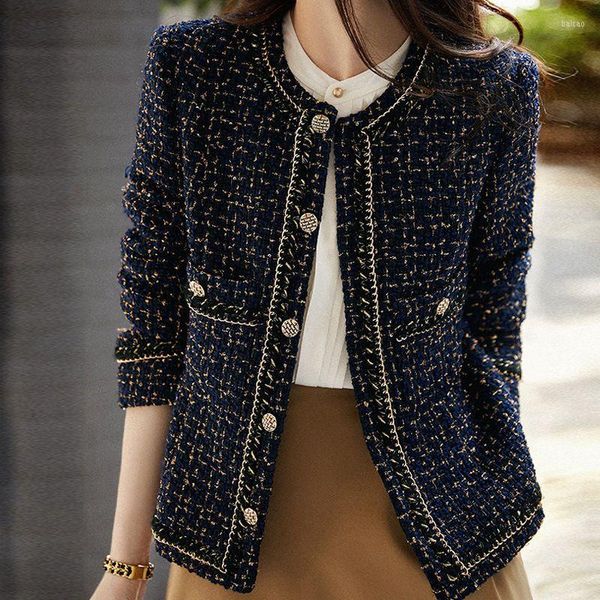 Jackets femininos femininos de pescoço marinho azul lurex de retalhos de tweed de lã de lã de lã de lã Casacos smlxl