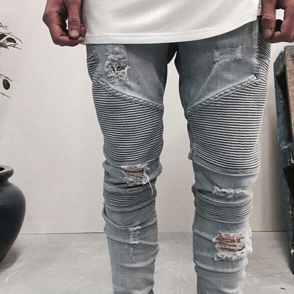 Azul/preto destruído masculino de jeans slim reto de jeans skinny casual jeans comprido tamanho 28-38 frete grátis
