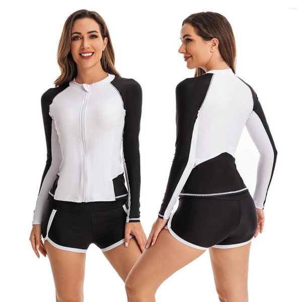 Costumi da bagno da donna Costumi da bagno da donna Manica lunga Due pezzi Rash Guard Protezione UV Top con zip intera e pantaloncini Costumi da bagno Nuoto Surf Camicia/Ragazzo