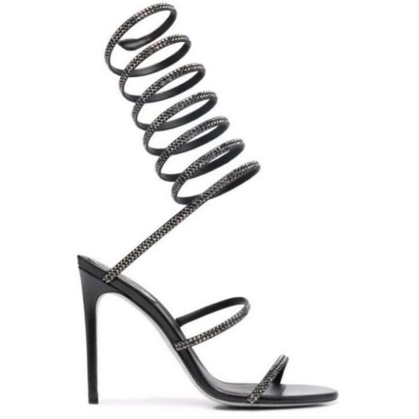 Rene caovilla cleo açık ayak parmağı sandalet kristal süslenmiş spiral sarma sandal twining rhinestone sandal kadın gökkuşağı stiletto topuklu ayakkabı 35-42 abbb oxooox