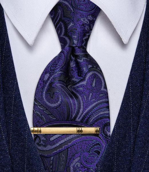 Papillon Cravatta paisley blu e viola con clip in seta Corbatas Para Hombre Cravatta da uomo classica per uomo da uomo d'affari di nozze