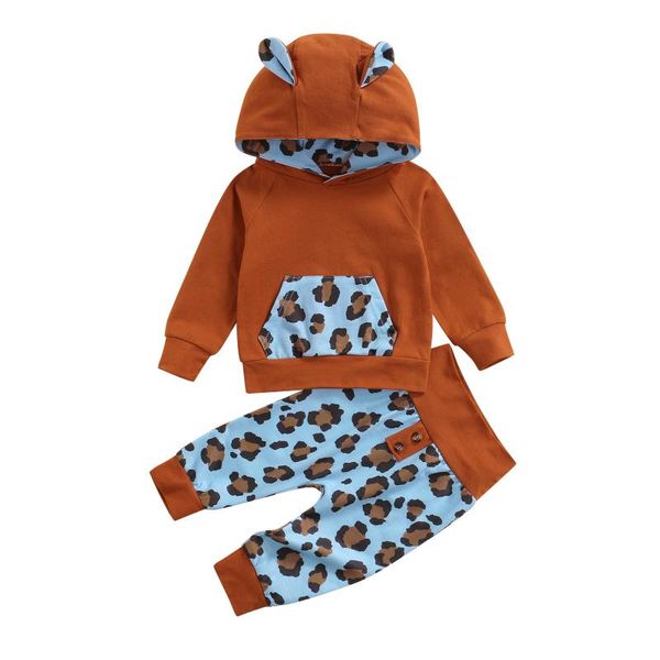 Conjuntos de roupas 2023 0-18M Nascido Baby Tracksuit Leopard Patch Patch Manga Longa 3D Ears Capuzes calças de moletom Boy Girl Fall 2pcs