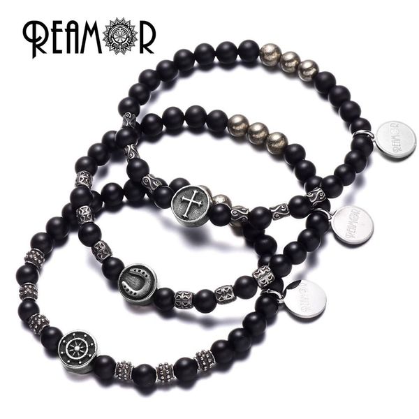 Bangle REAMOR Aço Inoxidável Ferradura Leme Cruz Beads com Natural Black Onyx Ferro Pyrite Bead Stretch Pulseira para Homens Jóias