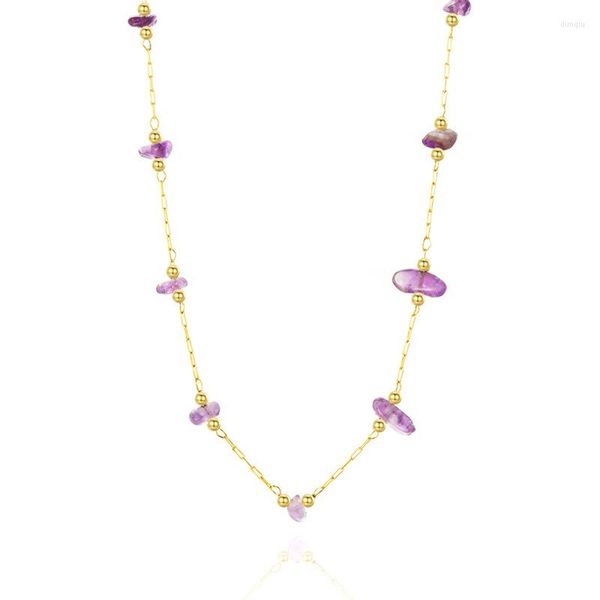 Catene Donna Collana di cristalli autentici viola Elegante cristallo di ametista naturale placcato oro 18 carati in acciaio inossidabile 316L