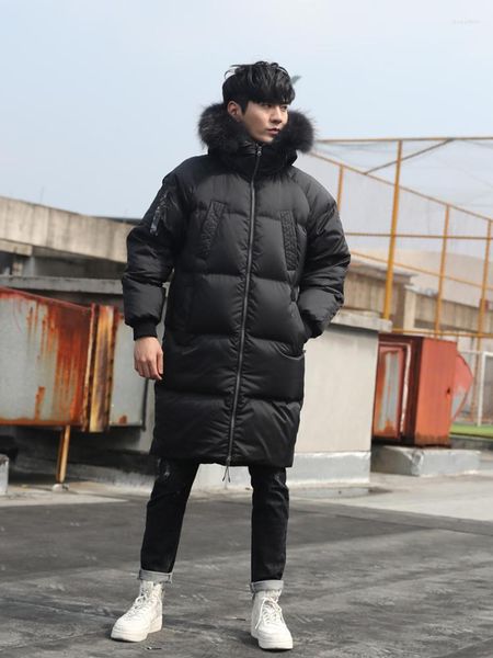 Piumino invernale da uomo Cappotto lungo spesso caldo 90% anatra con collo in pelliccia di procione Parka coreano