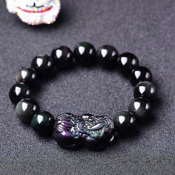 Pulseiras naturais preto obsidian arco-íris olho pixiu pulseira brava tropas grânulo pulseira diy pulseiras para homens mulheres querida jóias