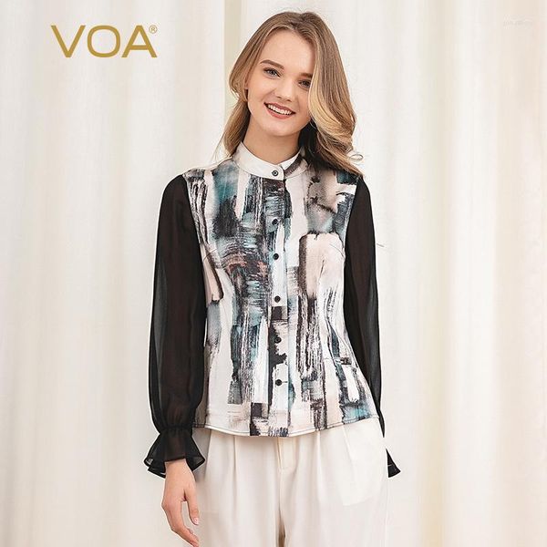 Blusas femininas (à venda) VOA Silk Setin Setin leve estrech meio decote alto deco