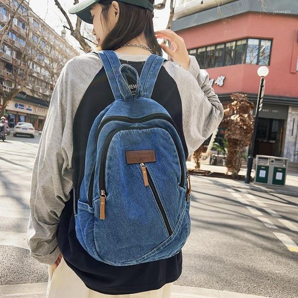 Okul çantaları koyu mavi bayanlar yumuşak tuval sırt çantası moda kotlu erkek kız seyahat öğrenci çantası erkek kadın kolej erkekleri kadın