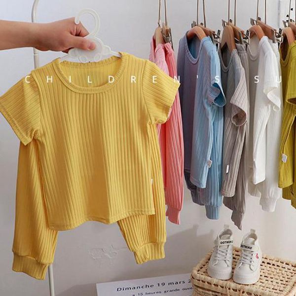 Ensembles de vêtements Enfants Maison Vêtements Marque Solide Couleur Survêtements Casual Sports T-shirts Shorts Enfant Fille Deux Pièces Doux À Manches Courtes Pyjamas 230520