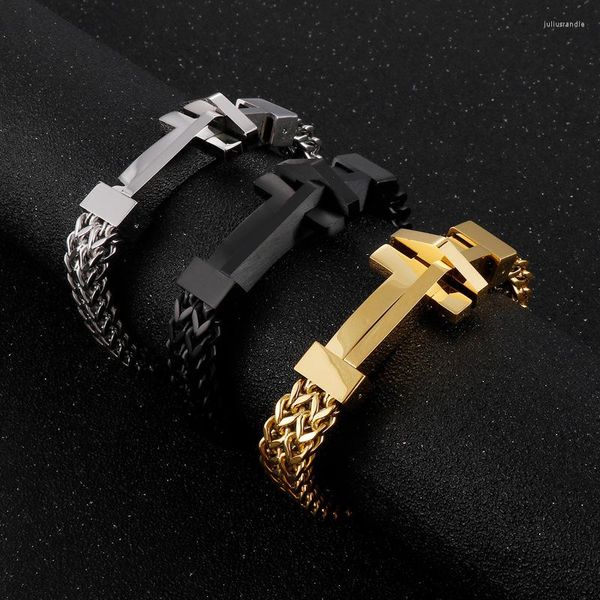 Link Armbänder Punk Kreuz Armband Für Männer Matt Schwarz Poliert Vergoldet Edelstahl Mesh Männer Handgelenk Schmuck Zubehör