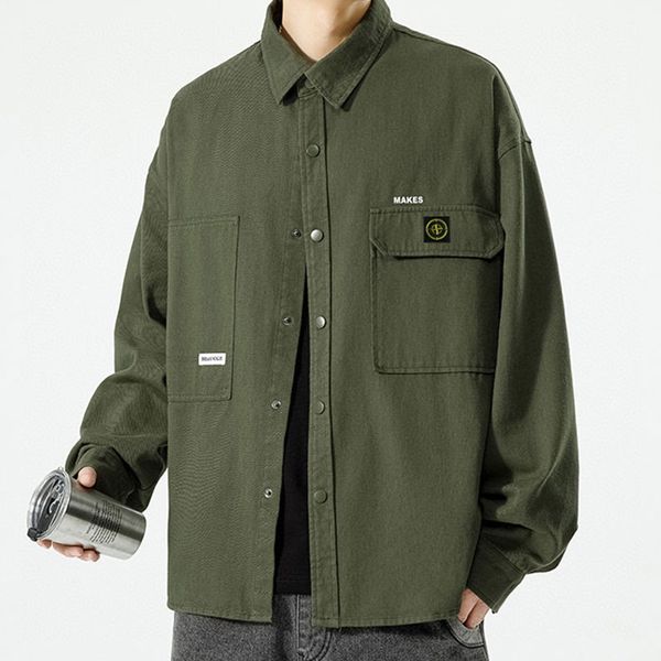 Giacca da lavoro alla moda Giacca da baseball estiva da uomo primavera e autunno Giacca da uomo alla moda con risvolto retrò Camicia casual e bella da donna Soprabito verde militare High Street