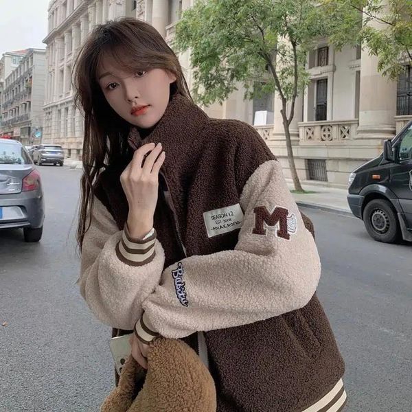 Jackets femininos Deeptown Lamb Wool Baseball Jacket Women Women Oversized Harajuku Fashion Bomber Korean Streetwear College Vasity