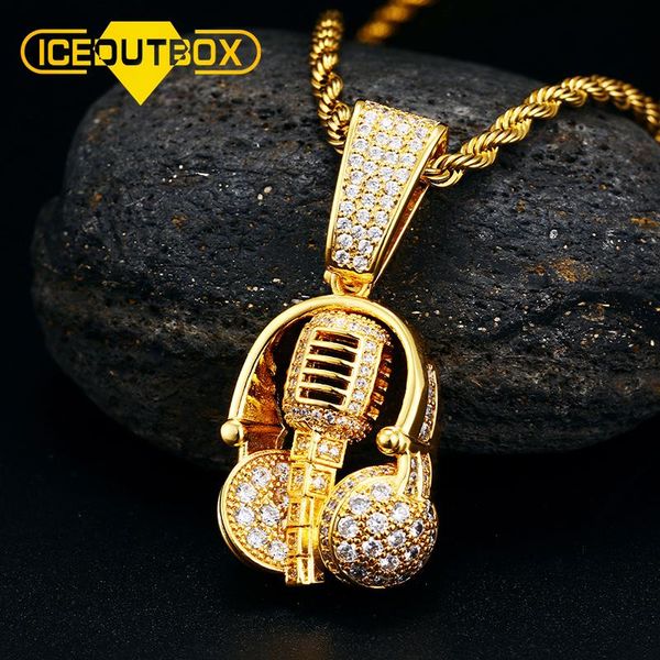 Collane ICEOUTBOX Collana con pendente per cuffia con microfono Iced Out AAA + Ciondolo con zircone cubico da uomo Gioielli hip-hop adatti con catena da tennis da 4 mm