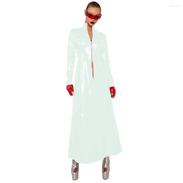 Lässige Kleider Wet Look Frauen Sexy Maxikleid Glänzendes PVC-Leder Reißverschluss Langarm Longuette Shiny Trench Catsuit Clubwear S-7XL