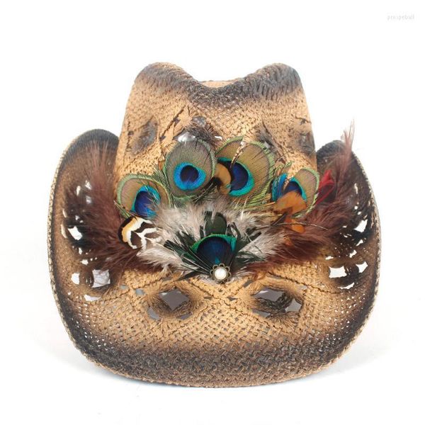 Berretti Donna Paglia Hollow Cappello da cowboy occidentale Lady Handmade Peacock Feather Sombrero Hombre Beach Cowgirl Jazz Sun Taglia 56-58CM Berretti Pros22