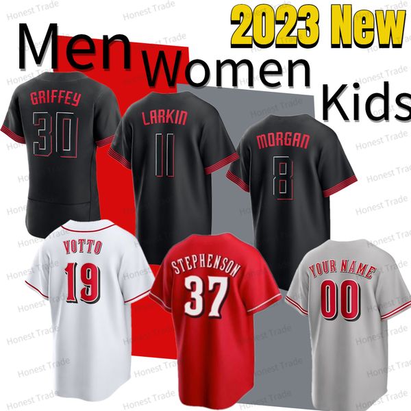 Yeni Ken Griffey Jr.Baseball Jersey Tyler Joey Larkin Joe Votto Barry Morgan Stephenson City Black 37 8 19 11 30 Erkek Kadın Gençlik Forması Gömlek Dikişli