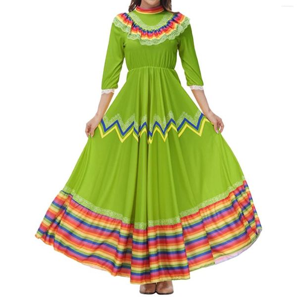 Lässige Kleider Damen Traditionelles mexikanisches Volkstanzkleid Festival Mexiko Karneval Partykostüm Bunte Streifen mit Haarspange Fancy