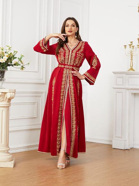 Ethnische Kleidung Roter Marokko-Kaftan-Kaftan für Hochzeitsfeier Ramadan Dubai Ostern Sonntag Pfingsten Kleid Musselin 2-teiliges Set mit Gürtel
