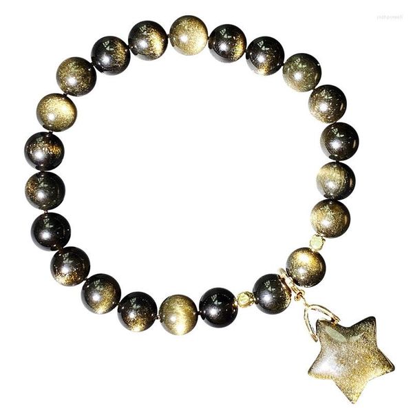 Strand Black Gold Black Gold Obsidian Natural Stone Bracelet de 8 mm de miçangas com joias de moda de Energy Small Star for Women